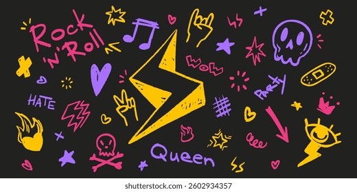 Punk rock doodle set - lightning bolt, skull, heart, horn gesture, stars. Hand drawn retro vector illustrations in bright pink, purple and yellow neon colors on black background for music design.