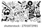 Punk rock doodle set with skull and guitar, headphones and graffiti elements - baseball bat, vinyl record and speaker. Hand drawn rebellious icons set with stars, flames and eye symbols for street art