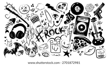 Punk rock doodle set with skull and guitar, headphones and graffiti elements - baseball bat, vinyl record and speaker. Hand drawn rebellious icons set with stars, flames and eye symbols for street art