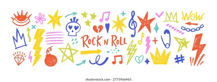 Punk rock doodle stickers with lightning crown, hand-drawn fire flames, and edgy rock music notes. Doodle color vector illustration with crayon texture. 