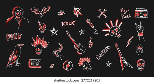 Punk and rock elements set. Music subculture concept. Chalk doodle drawing collection, vector illustration of urban subculture with guitar, cassette, and rebel symbol.