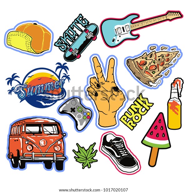punk rock fashion patches,badges,stickers. Hand\
draw Vector. Hipster Punk Rock Fashionable Stickers Collection.\
Doodle Pop Art Sketch. Set of Vintage Skateboarding Graphics.\
Element of design\
isolated