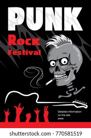 Punk rock fest poster with skull on black background. Vectore image.