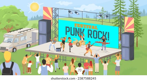 Punk rock festival in urban city park vector illustration. Impressive rockers music band playing musical instrument performing on stage. Noisy crowd audience dancing, applauding, having fun