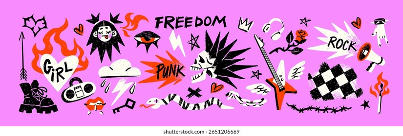 Punk rock graffiti set. Doodle sketches of grunge tattoo. Scribble grafitti of skull, guitar, heart, flower, flame. Cute drawing design elements with texts. Hand drawn isolated vector illustrations