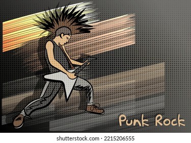 Punk rock guitarist. Art image of a stylish musician and the inscription "Punk Rock" against the background of chaotic brush strokes on a dark background. Template for your projects. Vector.