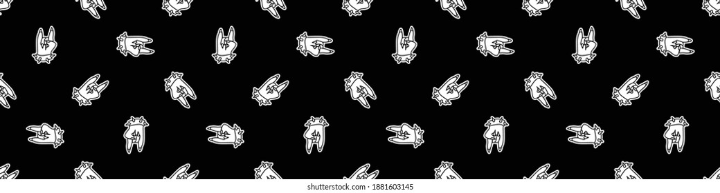 Punk rock hand symbol monochrome vector seamless border. Simple alternative banner. Kids emo rocker cute hand drawn cartoon grungy tattoo with attitude motif. 