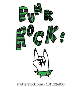 Punk rock hand and text vector illustration clipart. Simple alternative sticker. Kids emo rocker cute hand drawn cartoon grungy tattoo with attitude motif.