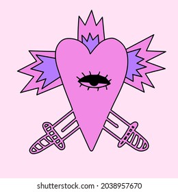 Punk rock heart with an eye and daggers. psychedelic tattoo template. Zombie heart for Halloween. Bizarre character in 70s and 80s grunge style