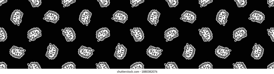 Punk rock hedgehog monochrome vector seamless border. Simple alternative banner. Kids emo rocker cute hand drawn cartoon grungy tattoo with attitude motif. 