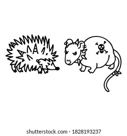 Punk rock hedgehog and rat monochrome lineart illustration clipart. Simple alternative sticker. Kids emo rocker coloring page cute hand drawn cartoon animal motif. 