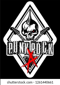 punk rock horrible skull with hair crossed guitars vector illustration