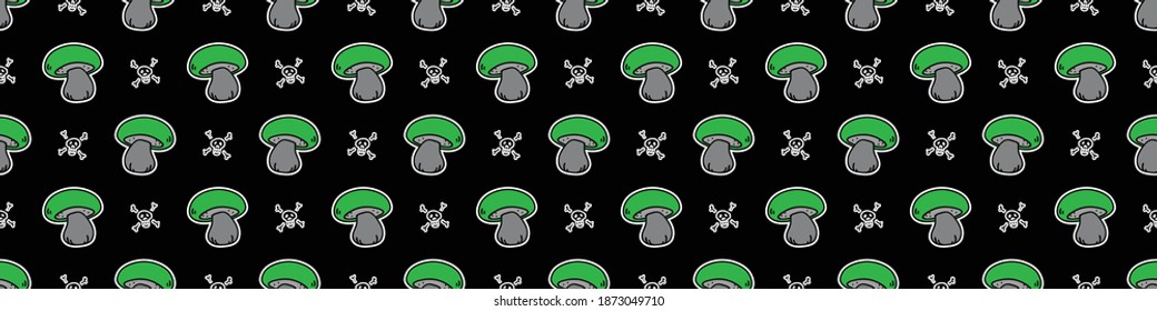 Punk rock mushroom vector seamless border. Simple alternative banner. Kids fungi emo rocker cute hand drawn cartoon grungy tattoo with attitude motif. 