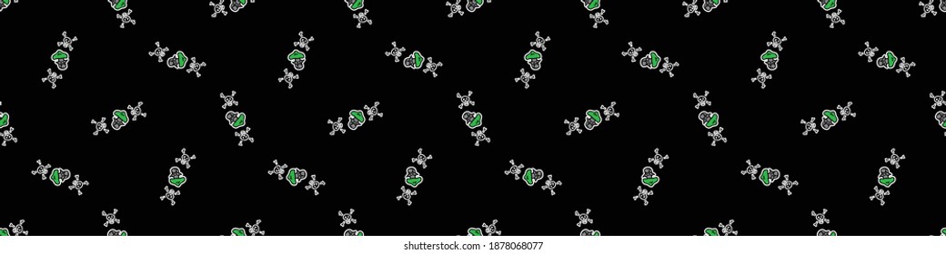 Punk rock mushroom vector seamless border. Simple alternative banner. Kids fungi emo rocker cute hand drawn cartoon grungy tattoo with attitude motif. 