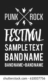 Punk rock music festival poster. With arrows, rock hand and lightning bolt