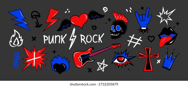 Punk rock music grunge elements in emo gothic style, Doodle set marker scribbled graffiti stickers, Hand drawn tattoo punk rock vector illustrations.