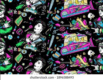 Punk and rock music lifestyle. Hooligans. Anarchy art. Musical dark background. Street art. Seamless pattern. Punker with mohawk, electric guitar, rock woman 