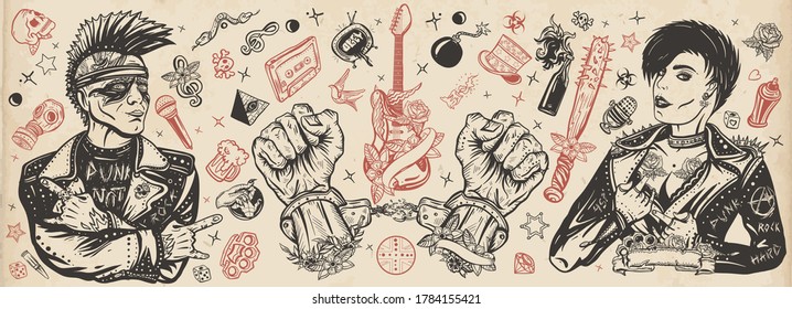 Punk rock music. Old school tattoo vector collection. Punker with mohawk hairstyle, rock woman, guitarist girl. Electric guitar. Anarchy art. Hooligans lifestyle. Traditional tattooing style 