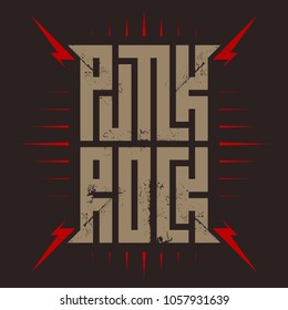 Punk rock - music poster with red lightnings. Punkrock - t-shirt design for woman or man. T-shirt apparels cool print for girls.