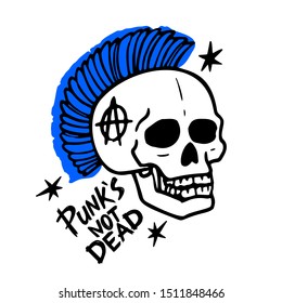 Punk rock music. Punks not dead words and mohawk skull. vector illustration on white background