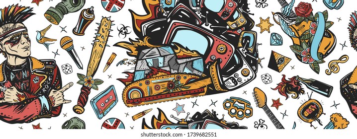 Punk rock music. Seamless pattern. Punker with mohawk hairstyle, audio type, bulldozer. Street culture musical art. Hooligans lifestyle. Electric guitar. Anarchy. Consumer society. Protest concept 