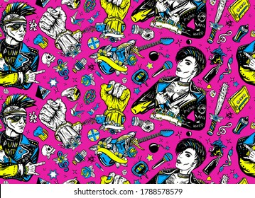 Punk And Rock Music Seamless Pattern. Punker With Mohawk Hairstyle, Rock Woman, Guitarist Girl. Hooligans Lifestyle. Street Culture Concept. Electric Guitar. Anarchy Art. Old School Tattoo Style