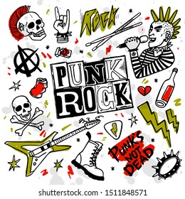 Punk rock music set. Punk rock simbols, words and design elements on white background. vector illustration