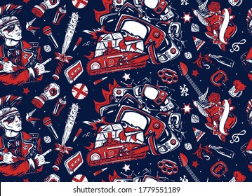 Punk rock music. Street culture musical art. Hooligans lifestyle. Electric guitar. Anarchy. Consumer society. Protest concept. Seamless pattern. Punker with mohawk hairstyle, audio type, bulldozer 