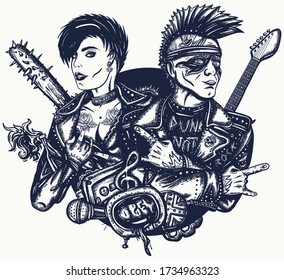 Punk Rock. Musiker und E-Gitarre. Punker mit mohawk Frisur, Gitarrist. Rock and Roll Paar. Hooligans Lifestyle. Anarchie Kunst. Straßenkultur. Design von Tattoo und T-Shirt