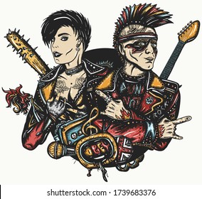 Punk Rock. Musiker und E-Gitarre. Punker mit mohawk Frisur, Gitarrist. Anarchie Kunst. Straßenkultur. Tattoo und T-Shirt Design. Rock and Roll Paar. Hooligans Lifestyle