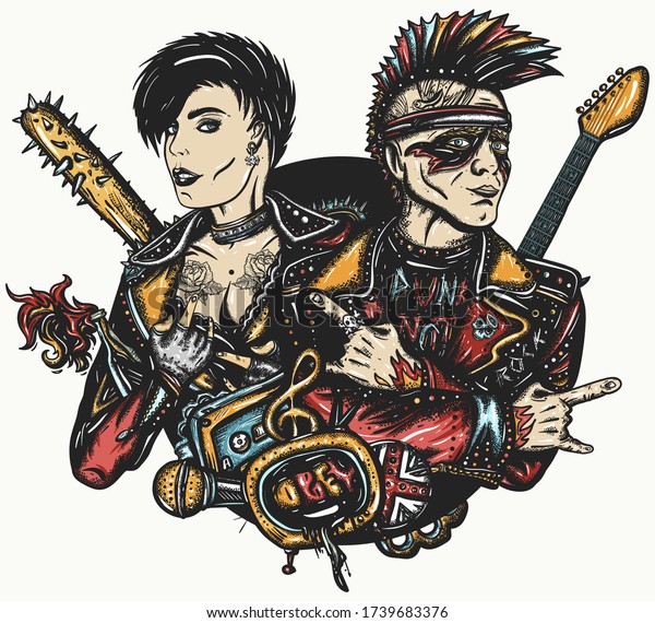 Punk\
rock. Musicians and electric guitar. Punker with mohawk hairstyle,\
guitarist. Anarchy art. Street music culture. Tattoo and t-shirt\
design. Rock and roll couple. Hooligans lifestyle\
