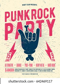 Punk Rock Party Flyer Poster. Vintage styled vector illustration.