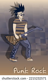 Punk rock poster. Art image of a stylish musician and the inscription "Punk Rock" on a grunge background. Template for your projects related to any musical event. Vector.