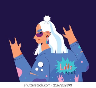 Punk rock and roll girl. Girl in fashionable clothes with white hair and piercings. Flat vector illustration