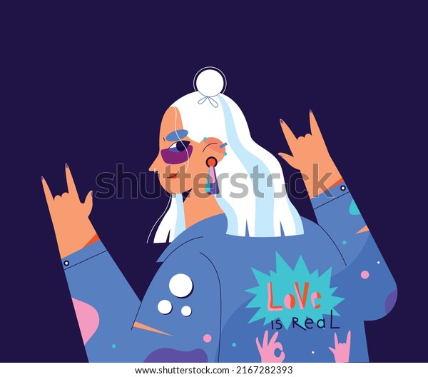 Punk rock and roll\
girl. Girl in fashionable clothes with white hair and piercings.\
Flat vector illustration