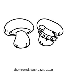 Punk rock satans bolete fungi monochrome lineart vector illustration. Simple alternative sticker clipart. Kids emo rocker cute hand drawn fungi. Cartoon grungy tattoo with attitude motif. 