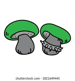 Punk rock satans bolette mushroom vector illustration. Simple alternative sticker clipart. Kids emo rocker cute hand drawn fungi. Cartoon grungy tattoo with attitude motif. 