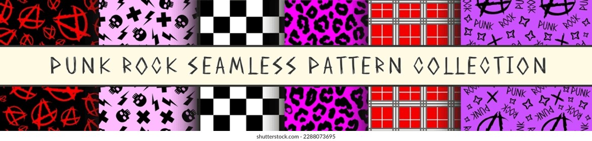 Punk Rock seamless collection pattern. Vector graphics for fabrics, textiles, wallpaper. Grunge design set for print and web. Skulls, anarchy sign, leopard, chees plate. 90's retro pack.