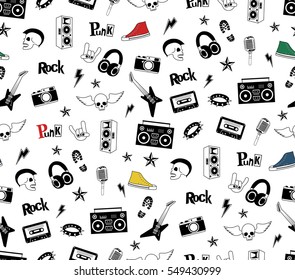 Punk Rock seamless pattern isolated on white. Rock and roll doodles. Music signs, rockstar, record label, skull, tattoo, guitar band. Cool vector hand drown design for print, textille, wrapping paper