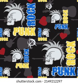 PUNK ROCK patrón sin fisuras con acento ucraniano. Las inscripciones amarillo-azul, las imágenes artísticas de calaveras, los corazones rojos, los signos de los pacifistas, las siluetas de las guitarras se encuentran en un fondo negro. Vector.