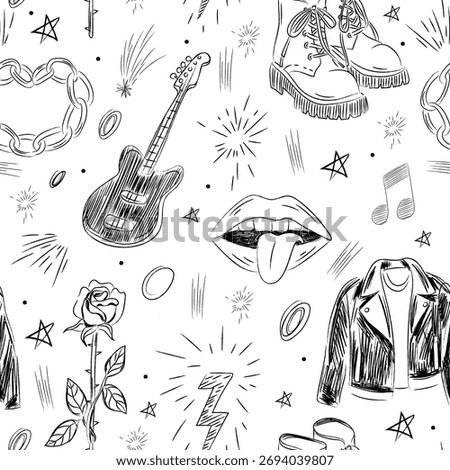 Punk Rock Seamless Vector Pattern. Hand-Drawn Guitar, Rose, Leather Jacket, Chains, and Music Notes Design for Fabric, Wrapping Paper, Stickers, and Apparel