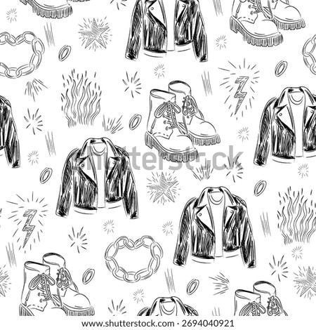 Punk Rock Seamless Vector Pattern – Hand Drawn Leather Jacket, Chain Hearts, Rocks and Boots Design for Fabric, Wrapping Paper, Stickers, and Apparel
