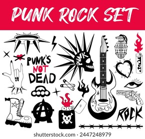 Punk Rock set. Punks and anarchy symbols set, skulls, guitars rock style. Vector illustration