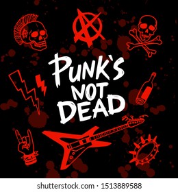 Punk rock set. Punks not dead words and design elements. vector illustration