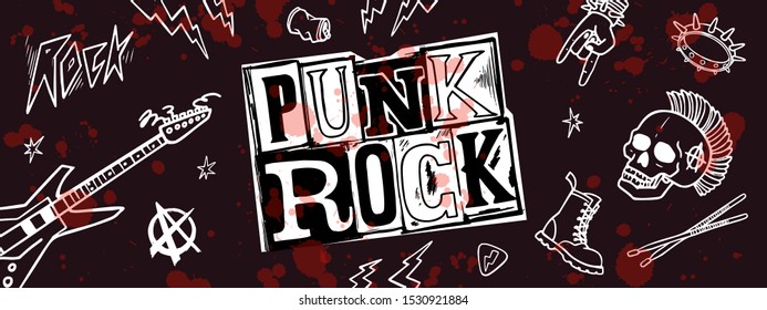 Punk rock set. Punks not dead words and design elements. vector illustration. horizontal design