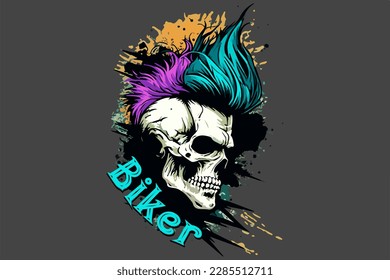 punk rock skull biker with colorfull hair