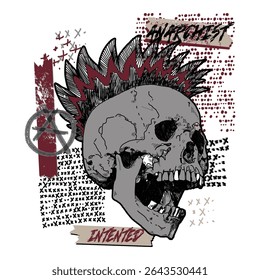 Punk rock skull illustration with mohawk and anarchy symbol, street art, anarchist graffiti for graphic tee. apparel, print, sticker, tattoo