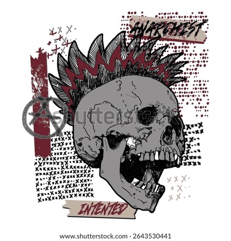 Punk rock skull illustration with mohawk and anarchy symbol, street art, anarchist graffiti for graphic tee. apparel, print, sticker, tattoo