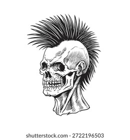 Punk rock skull mohawk isolated on white background. Skulls with hair. Vector design element.