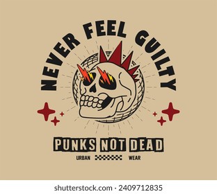 punk rock skull with slogan typography in vintage style, design graphic illustration for streetwear and urban style t shirt design, hoodies, etc